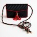 Black Satin Bottega Veneta Envelope Flap Purse with Red Piping and Red Black and Green Rope Strap