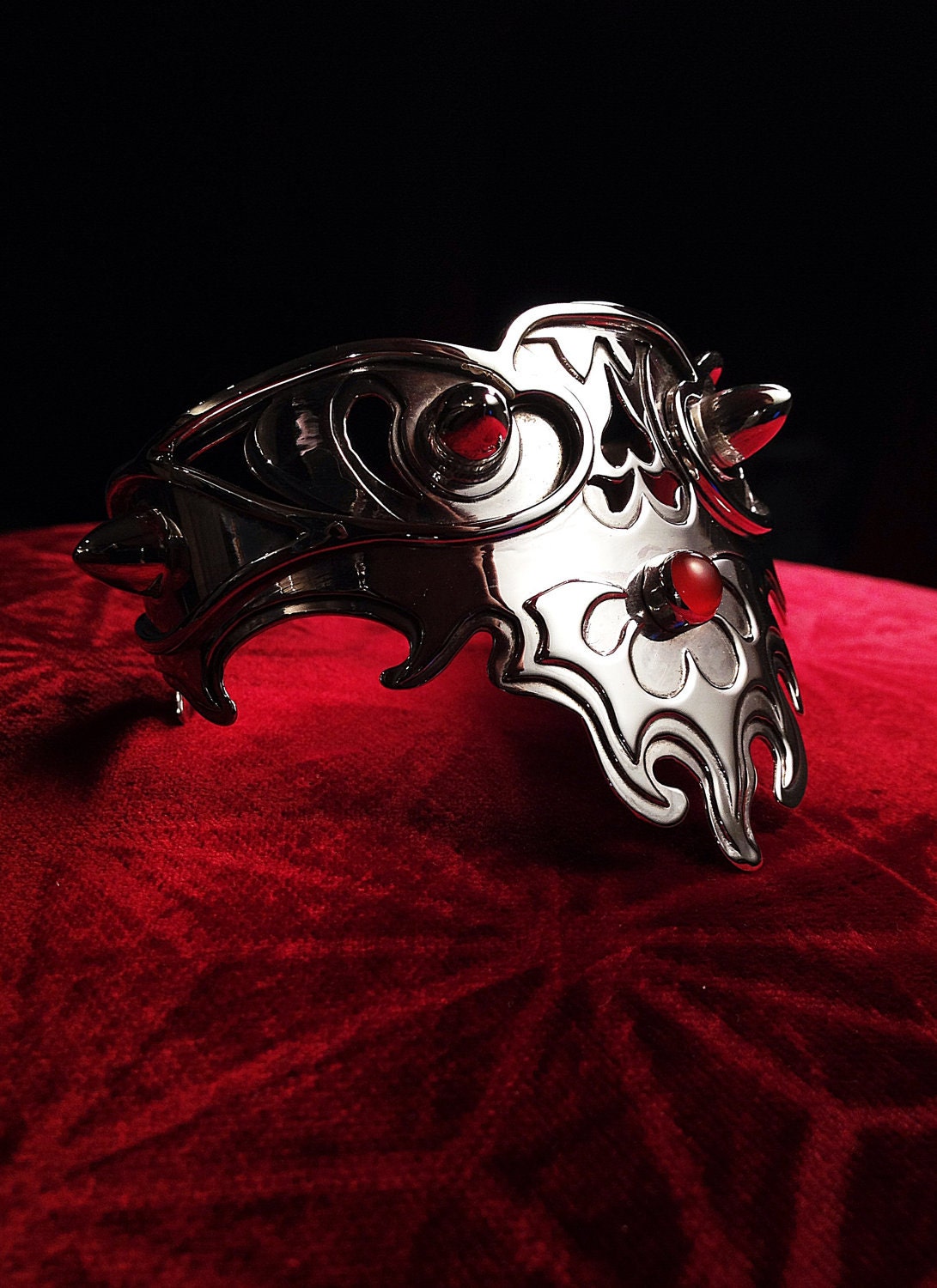 Secret Dragonband of Melusine--OOAK handmade Sterling Silver bracelet of legend with red carnelian cabochon fantasy flames dragon eyes