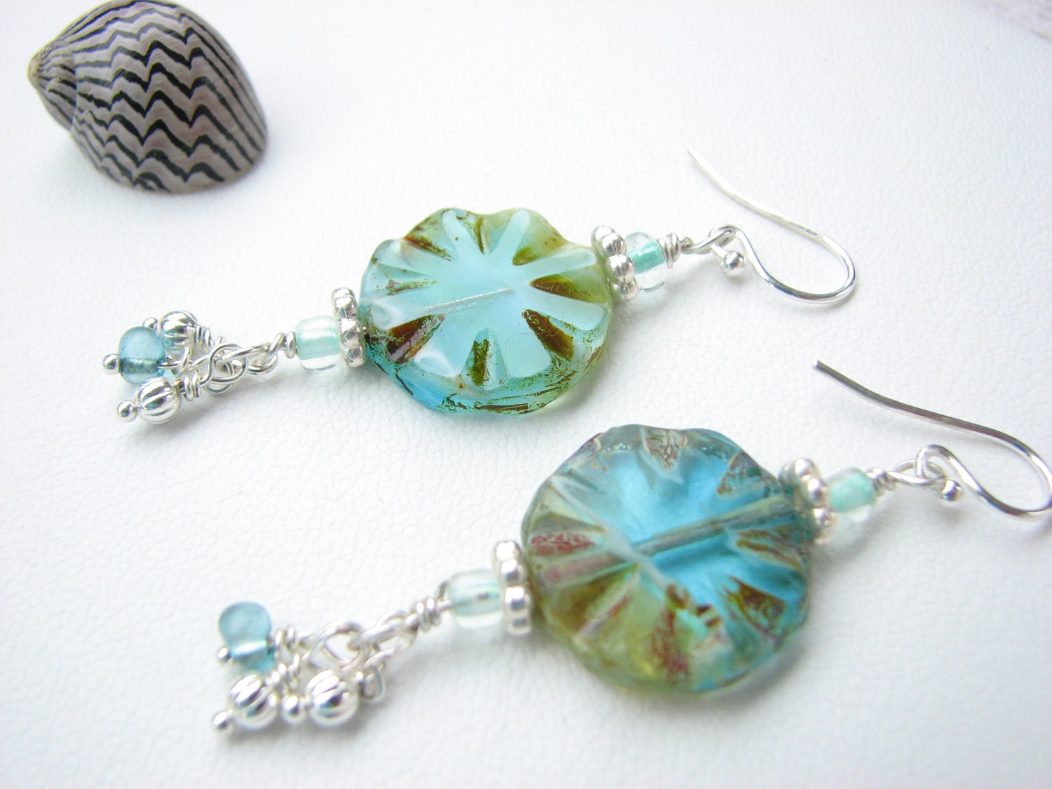 Turquoise Dangle Earrings - Mixed Color Czech Glass Coin Bead with Dangles - BitsOffTheBeach