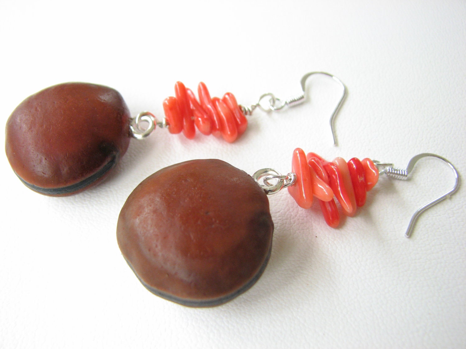 Coral and Sea bean Earrings, Organic Natural Tropical Seed Jewelry, Hamburger Seed Jewelry