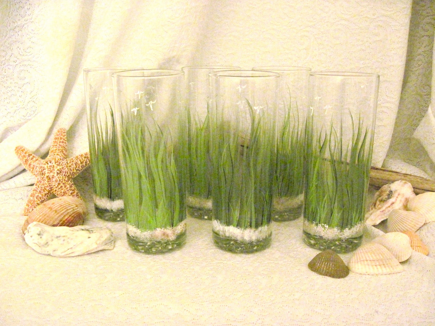 Beach grass hand painted set of six cooler glasses