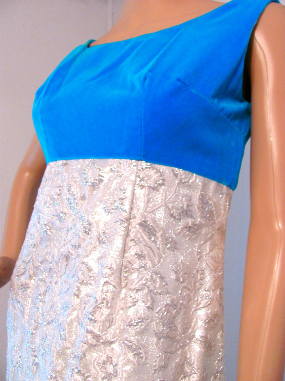 1960s Blue Velvet/ Silver Lame Formal Gown /1960s Long Formal Velvet Bow Dress