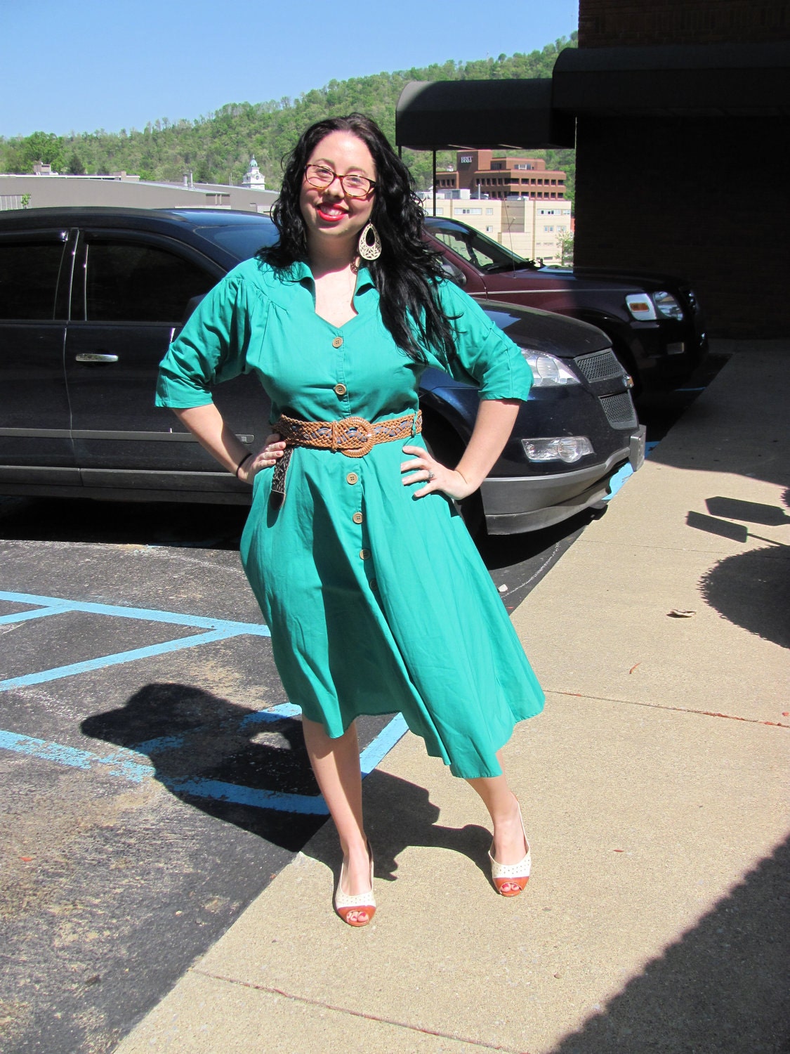Vintage Green/ Teal Classic Shirtdress with Pockets// 1970s Green Day Dress