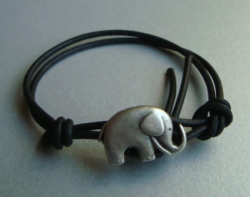 Elephant Wrap Bracelet - Black - Charm Bracelet - Single 1x Wrap - Arm Party - Womens Leather Bracelet
