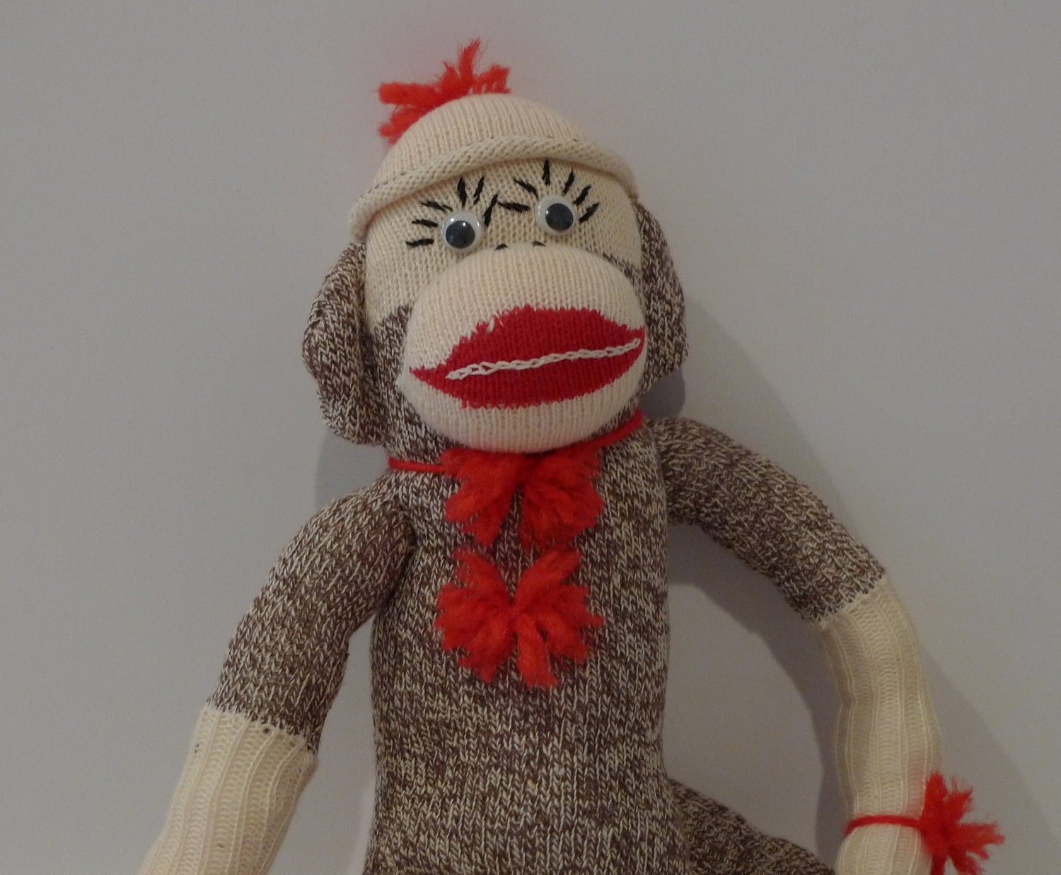 Sock Monkey Doll Toy Plush 17 inch LARGE inch goggly eyes red pompom Heather sock rag doll stuffed doll vintage retro handmade FREE Ship