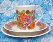 Elizabethan Portobello Cup and Saucer and Plate Trio 1970s Floral Pink, Orange and Brown Very Pretty