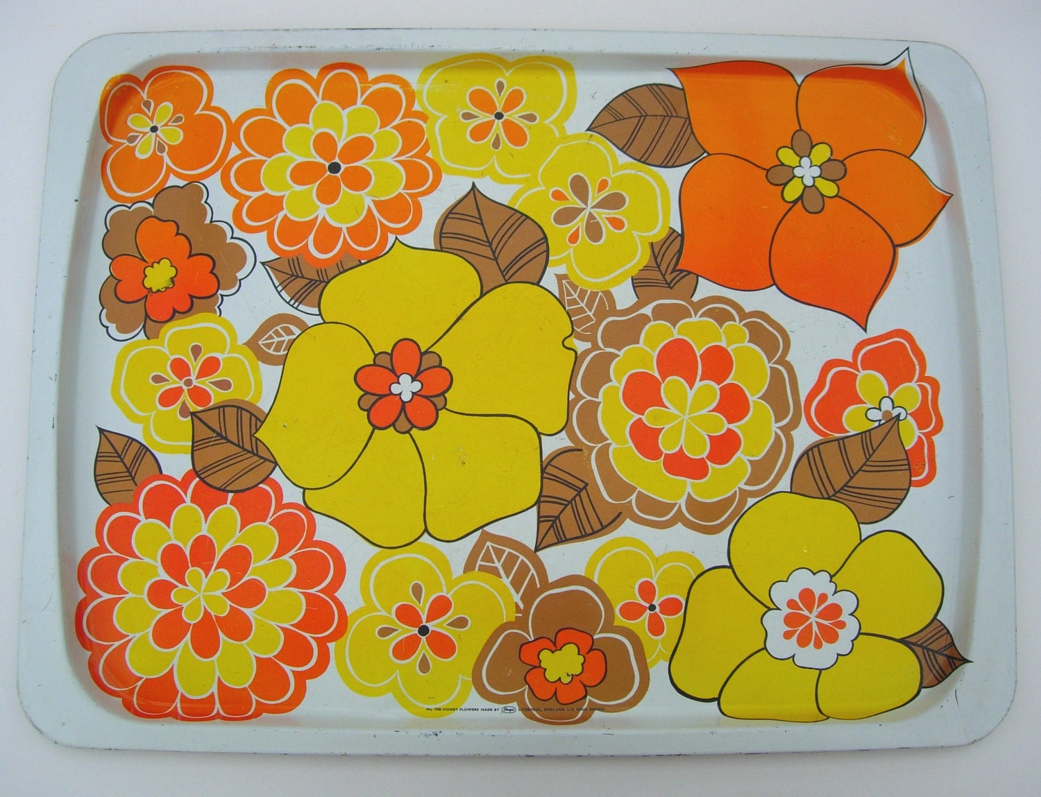 Large Retro Flower Power Honeyflowers Enamel Serving Tray Yellow and Orange