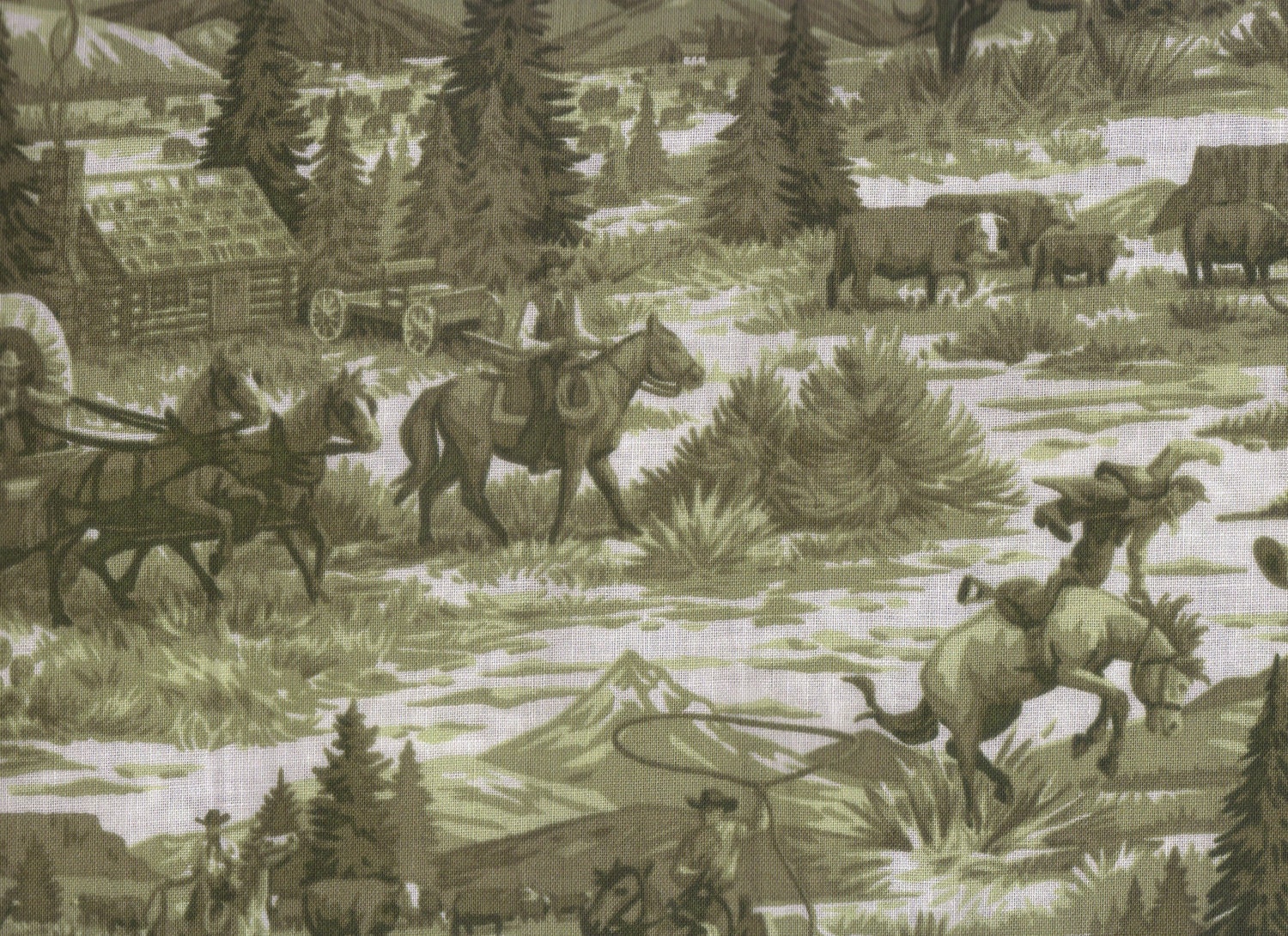 Green Fabric, Western Prairie Fabric, Western Toile, Rawhide Green Fabric, 1 yard Fabric