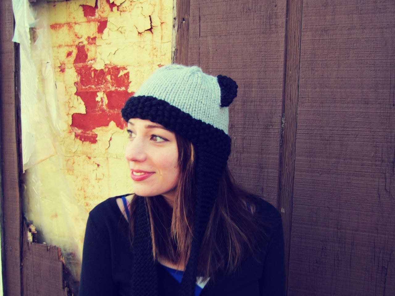 Knitted Bear Ear Hat Black Gray Grey Womens / Teens Earflap Ski Hat
