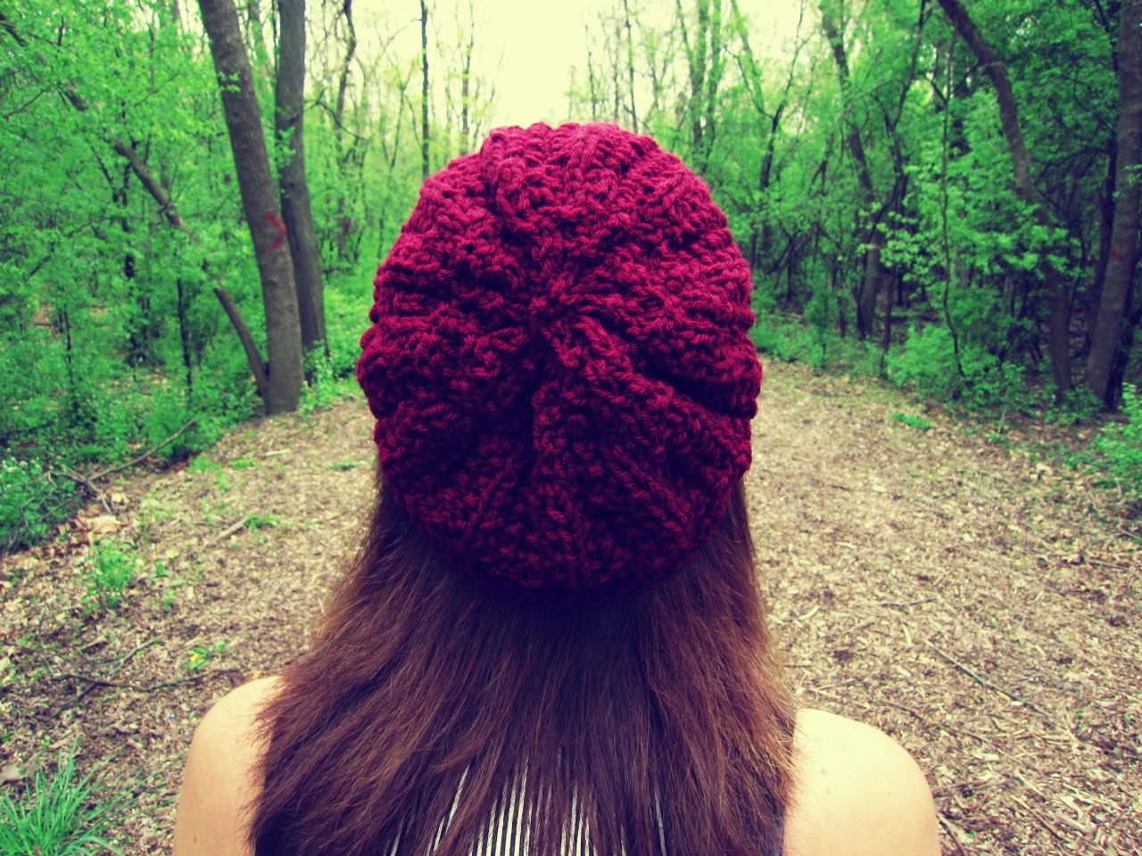 Knitted Slouchy Hat Bright Red Burgundy Womens Spring Summer Beanie - Made to Order