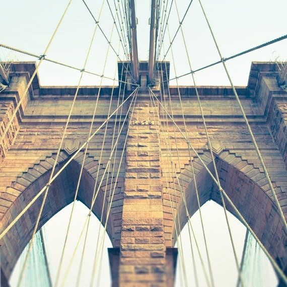 Brooklyn Bridge photo, New York City photography NYC landmark, neo-gothic architecture cables, retro colors, beige aqua decor