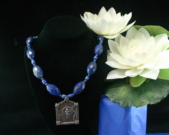 Blue Lapis Necklace - Ethnic Jewelry - Beadwork - Antique Silver Pendant - Chunky Beaded Necklace - Vintage - Shiva - Statement Necklace