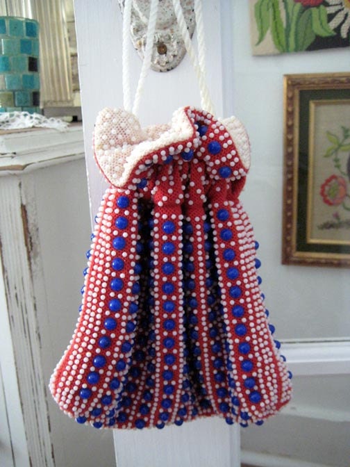 Vintage Red White and Blue Beaded drawstring Purse Bag Wristlet or Pouch