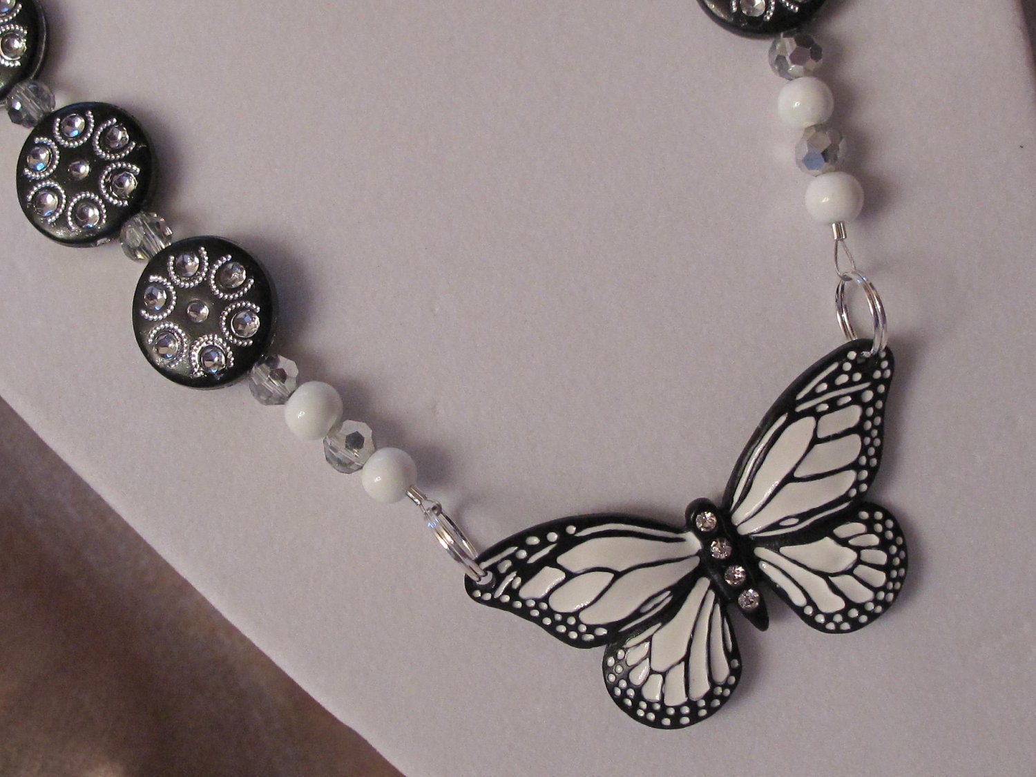 Black and White Beaded Butterfly Necklace