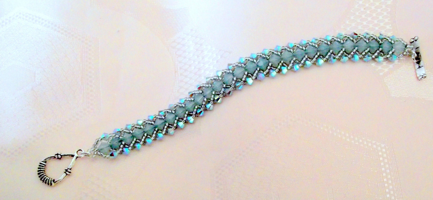 Swarovski Crystal  Turquoise Bracelet Pacific Opal Beadweaving  Sparkly Handmade Bridal Anniversary