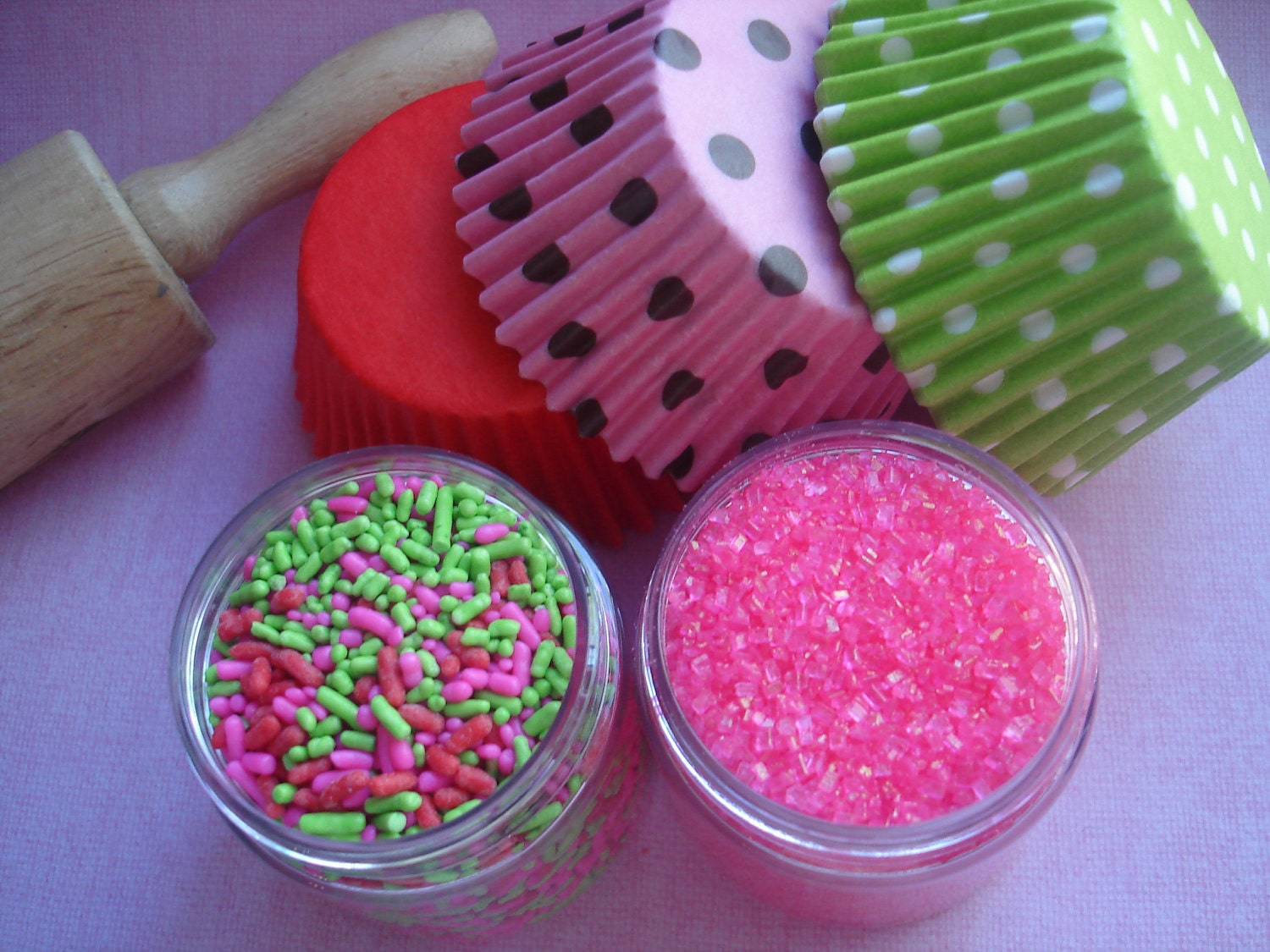 Cupcake Kit - Sprinkles, Sugar and Cupcake Liners - Hot Pink, Lime Green and Red "Summer Berries"
