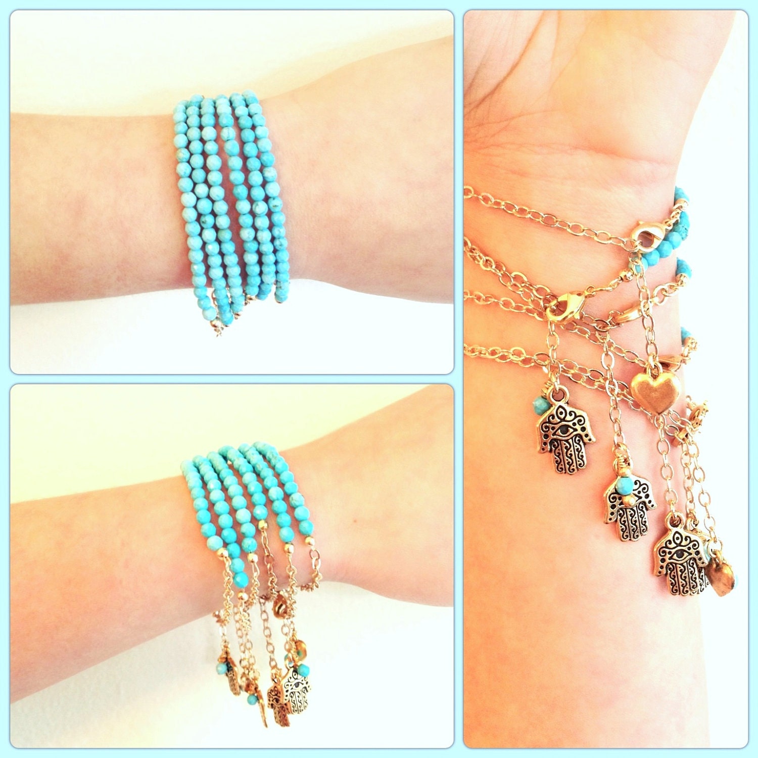 Turquoise Bracelet with Hamsa Hand Charm, beaded bracelet, bohemian jewelry by Atelier Yumi