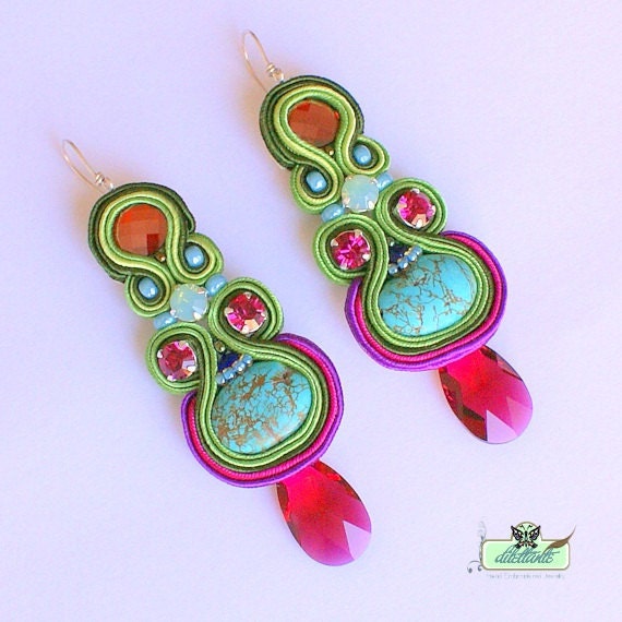 Long Soutache Earrings- Turquise- Swarovski