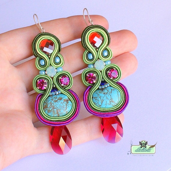 Long Soutache Earrings- Turquise- Swarovski