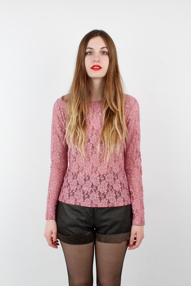 Vintage Pink Lace Long Sleeves Top