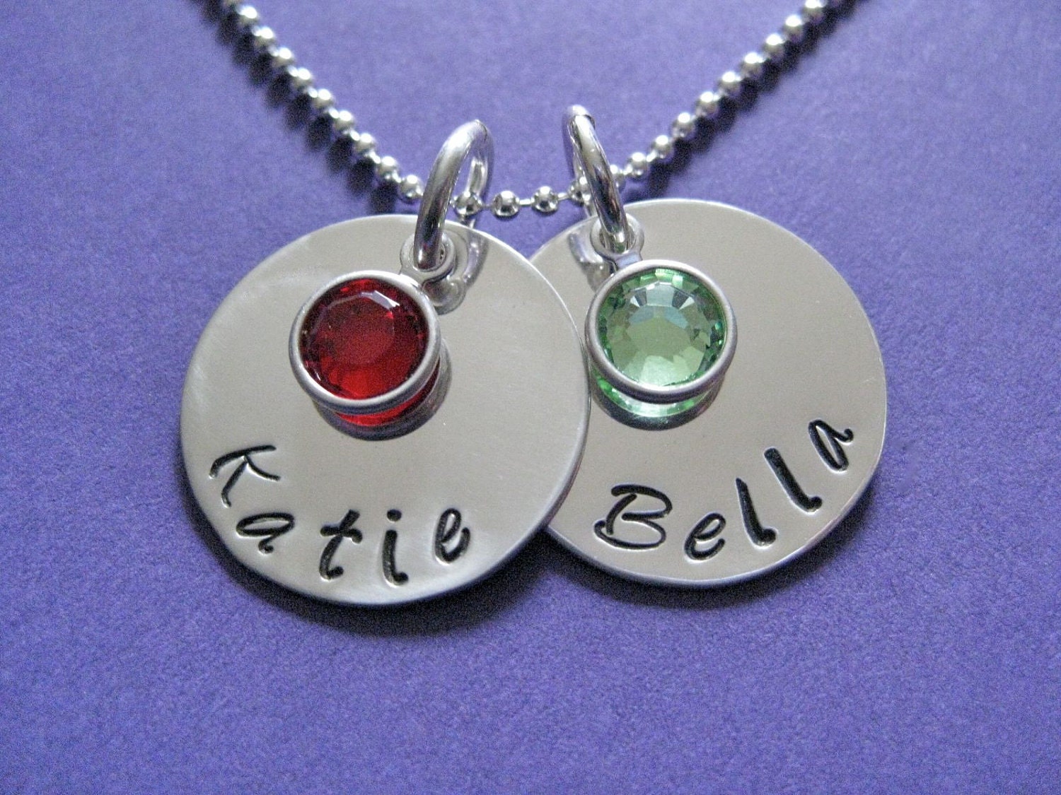 Double Hand-stamped Birthstone Name Necklace in Sterling Silver 3/4" with Swarovski Birthstone - great for moms or grandmas
