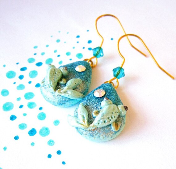 Koi fish jewelry, Teal mint clay earring, OOAK jewelry