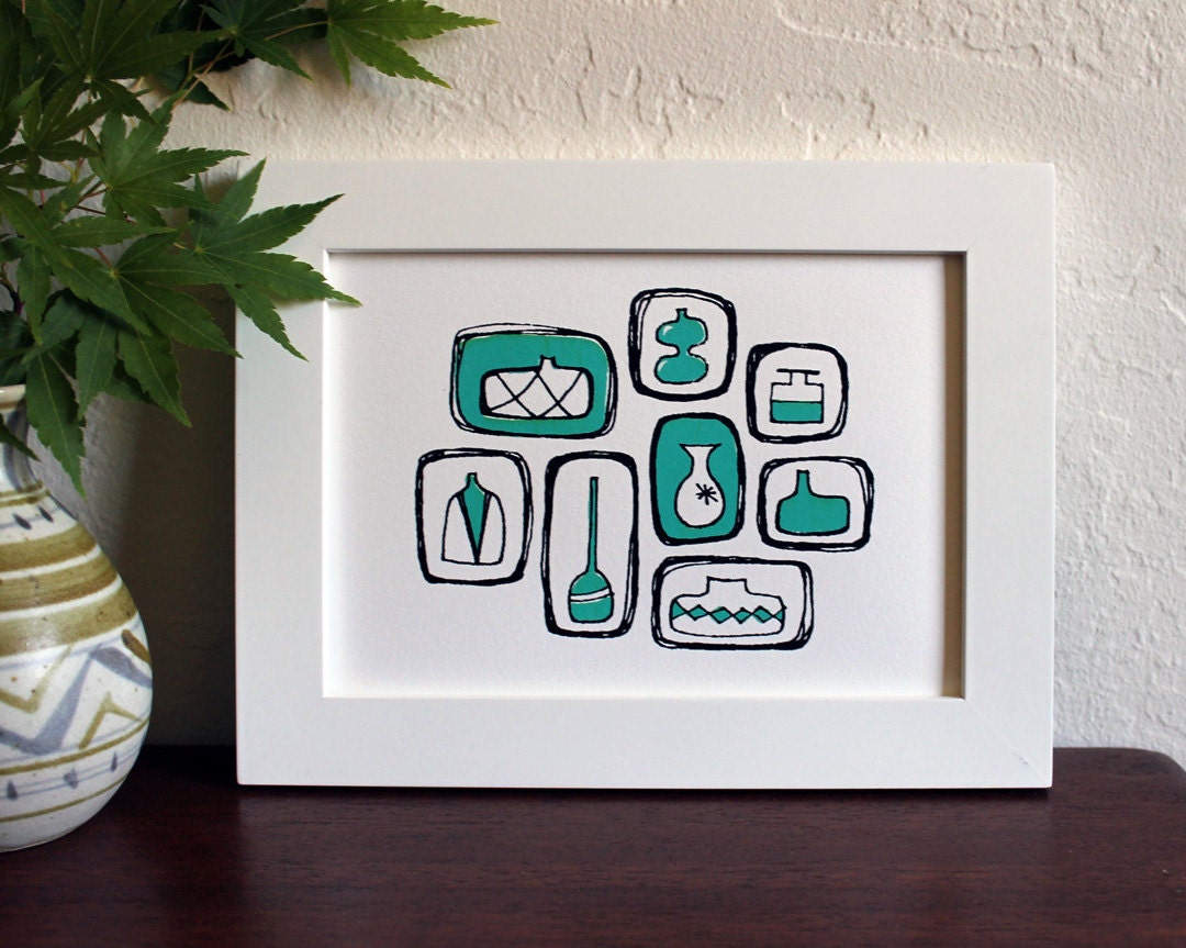 Retro Vases Art Print. Teal