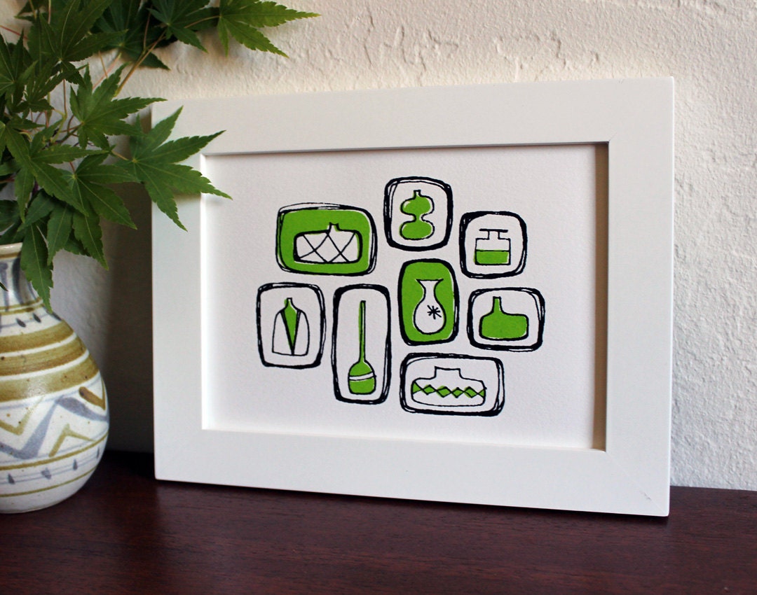 Retro Vases Art Print. Avocado Green