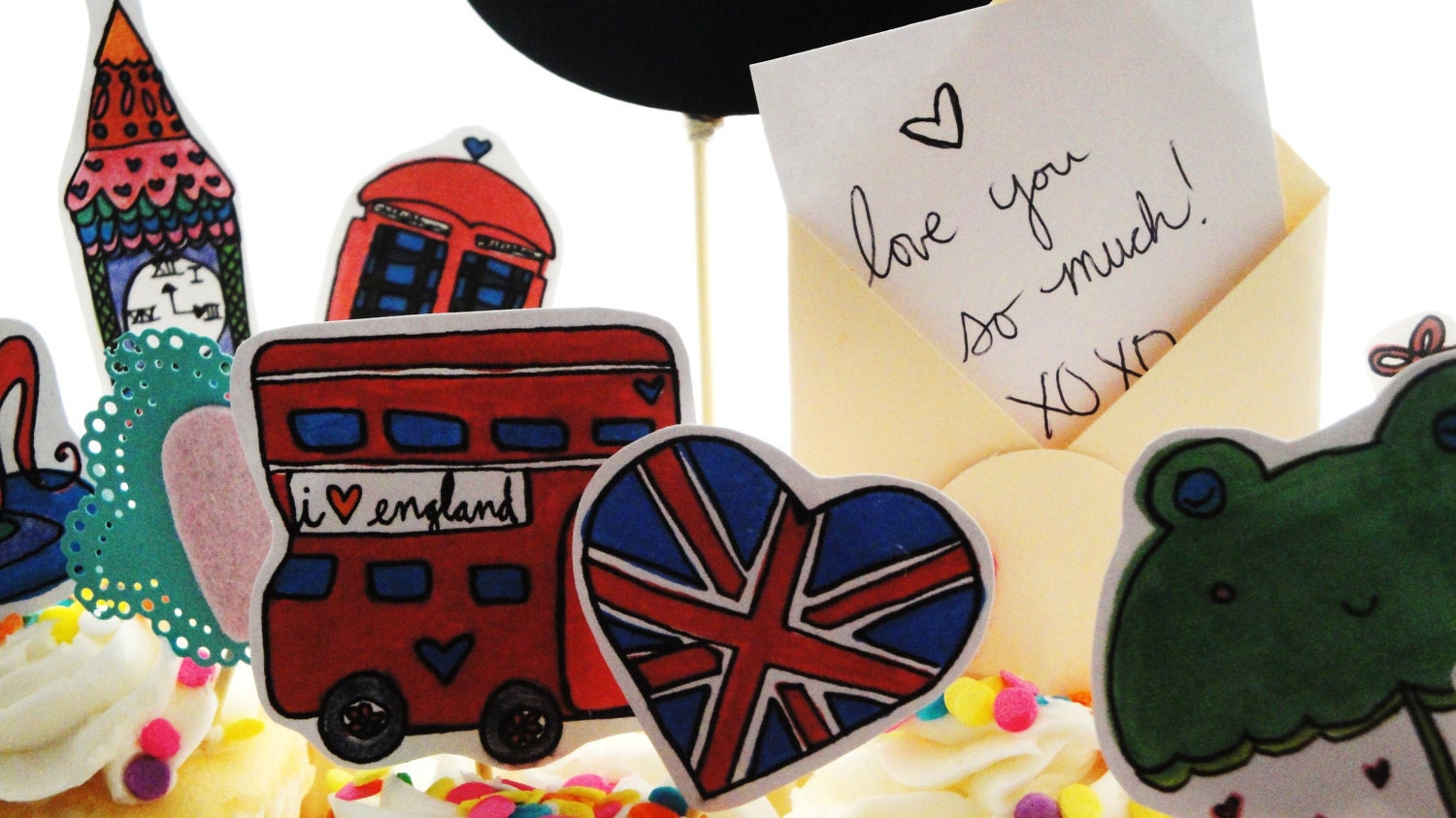 Mini Notecard w/ London Inspired Cupcake & Cake Pick Set-cake topper, chalkboard, banner, birthday party, paper goods, london, travel