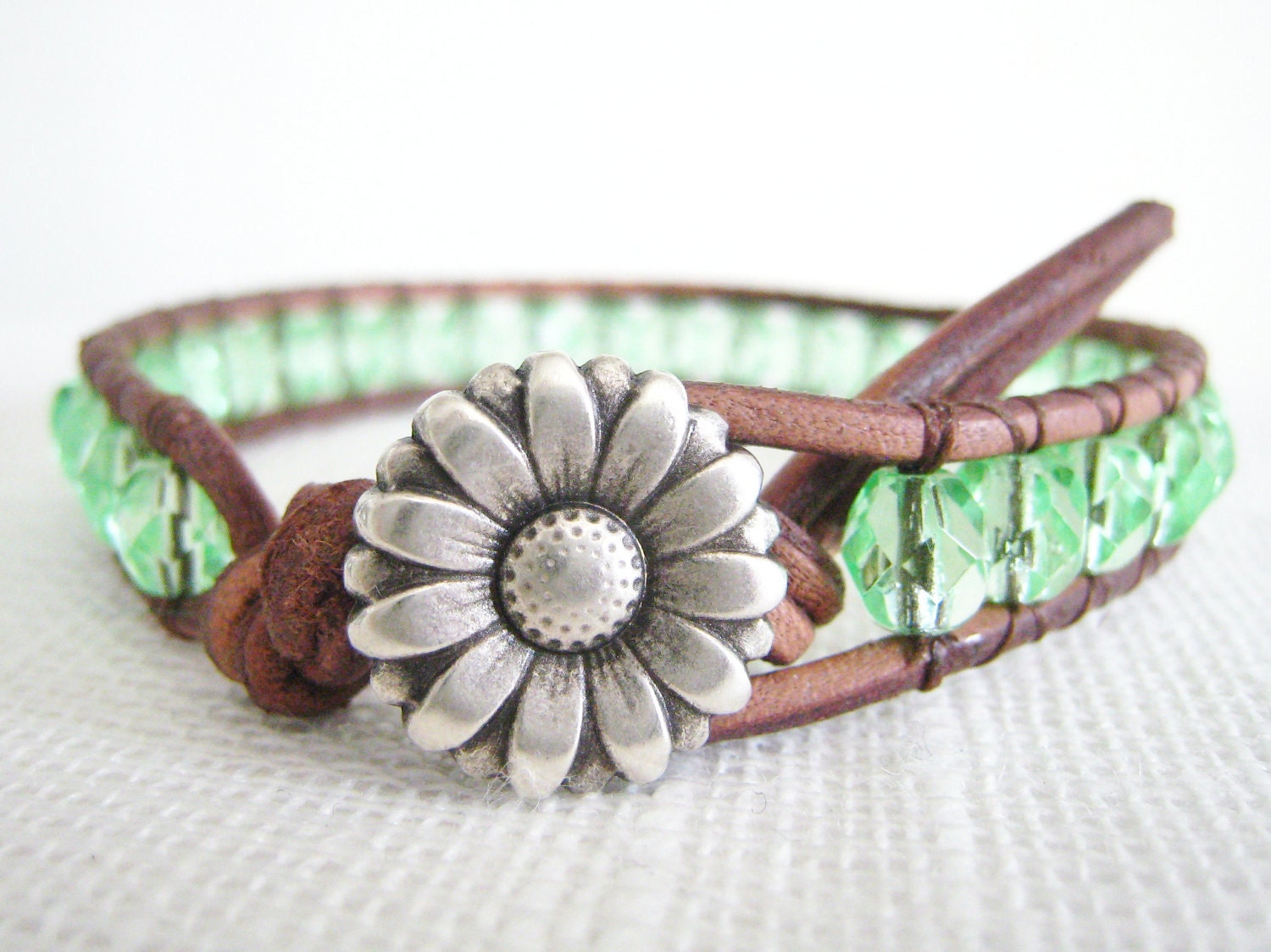 Beaded Leather Bracelet -Light Green Czech glass Boho Bohemain shabby chic silver flower button - TrulyAmberJewelry