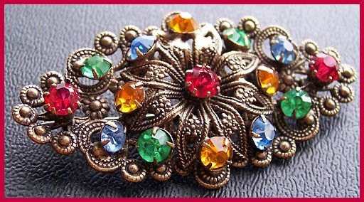 VICTORIAN Antique Brooch Pin Fruit Salad Rhinestones Floral Motif Silver Metal Filigree 2" EX