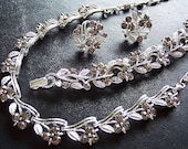 Vintage LISNER Necklace Bracelet Earring Set w Smoky Gray Rhinestones & Silver Metal NICE