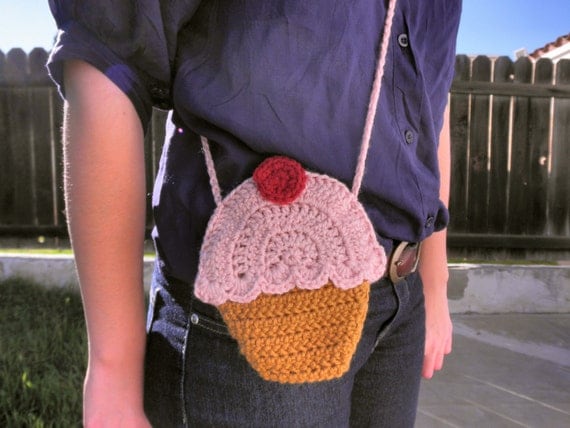 Soft Pink and Brown Crocheted Cupcake Bag