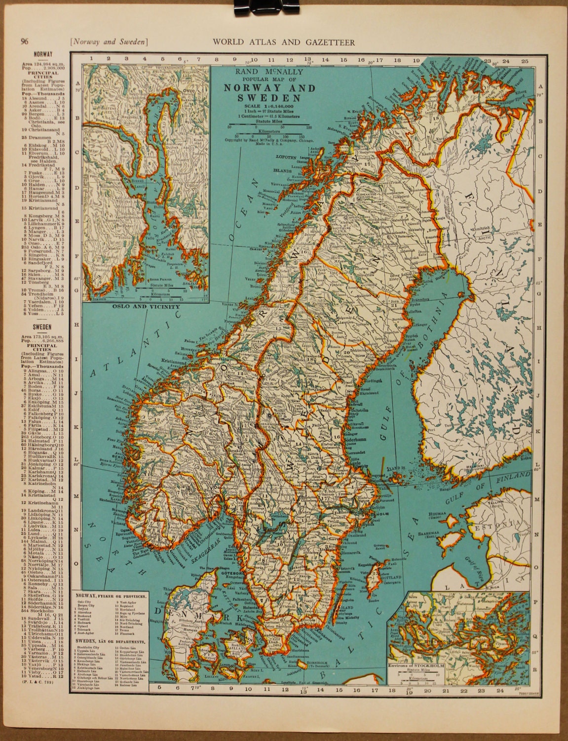 Vintage Map Scandinavia Norway Sweden Denmark Original 1935