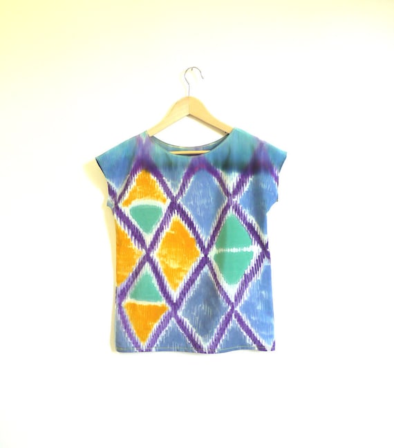 Hand painted SILK shirt. IKAT DIAMOND one of kind, sample - ready to ship.
