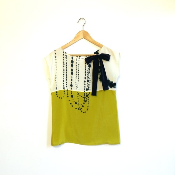 hand painted SILK top. INK BEADS on cream and chartreuse. Custom sizing.