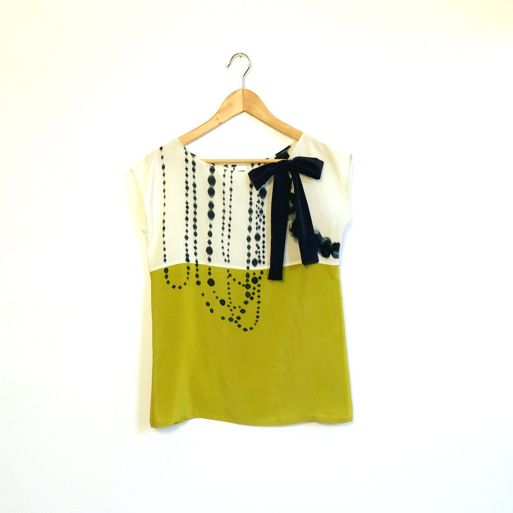 hand painted SILK top.  INK BEADS on cream and chartreuse. Custom sizing.