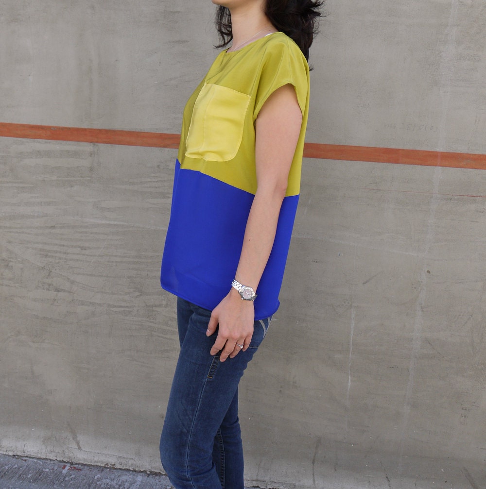 Hand dyed Silk top. Chartreuse, blue and yellow color block Tee - Custom sizing.