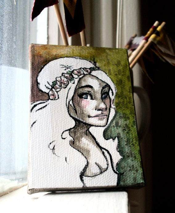 Original Girl Painting - Flower Girl on Rainbow Background