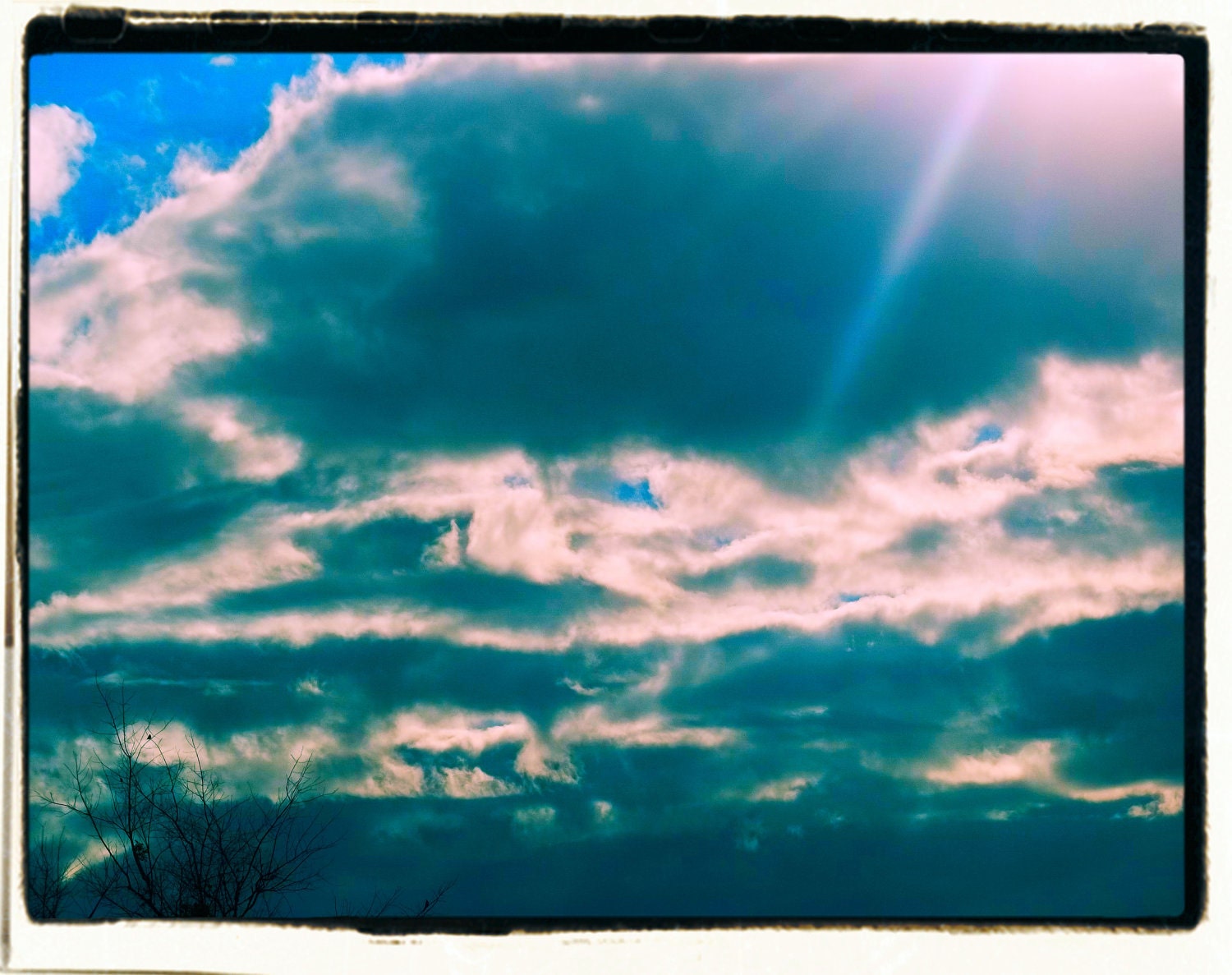 Skyscape Fine Art Photo 5 x 7 Cross Processed Blue Green Clouds Sun Ray Clearing Sky
