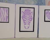 Purple Zebra 3 Greeting Cards set - Original Lino Prints in Purple