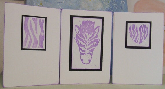 Purple Zebra 3 Greeting Cards set - Original Lino Prints in Purple