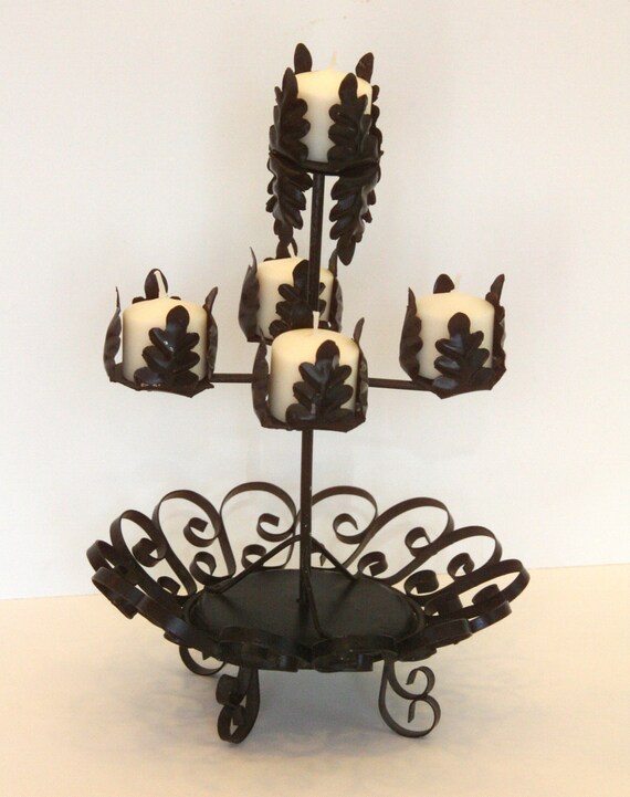 Vintage Black Candle Holder Candelabra Centerpiece Metal Wrought Iron Scrollwork
