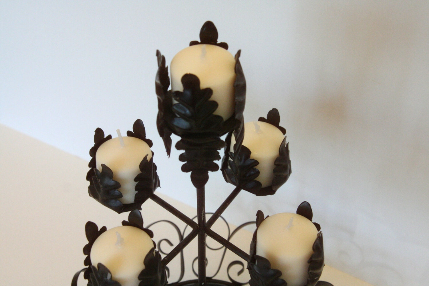 Vintage Black Candle Holder Candelabra Centerpiece Metal Wrought Iron Scrollwork