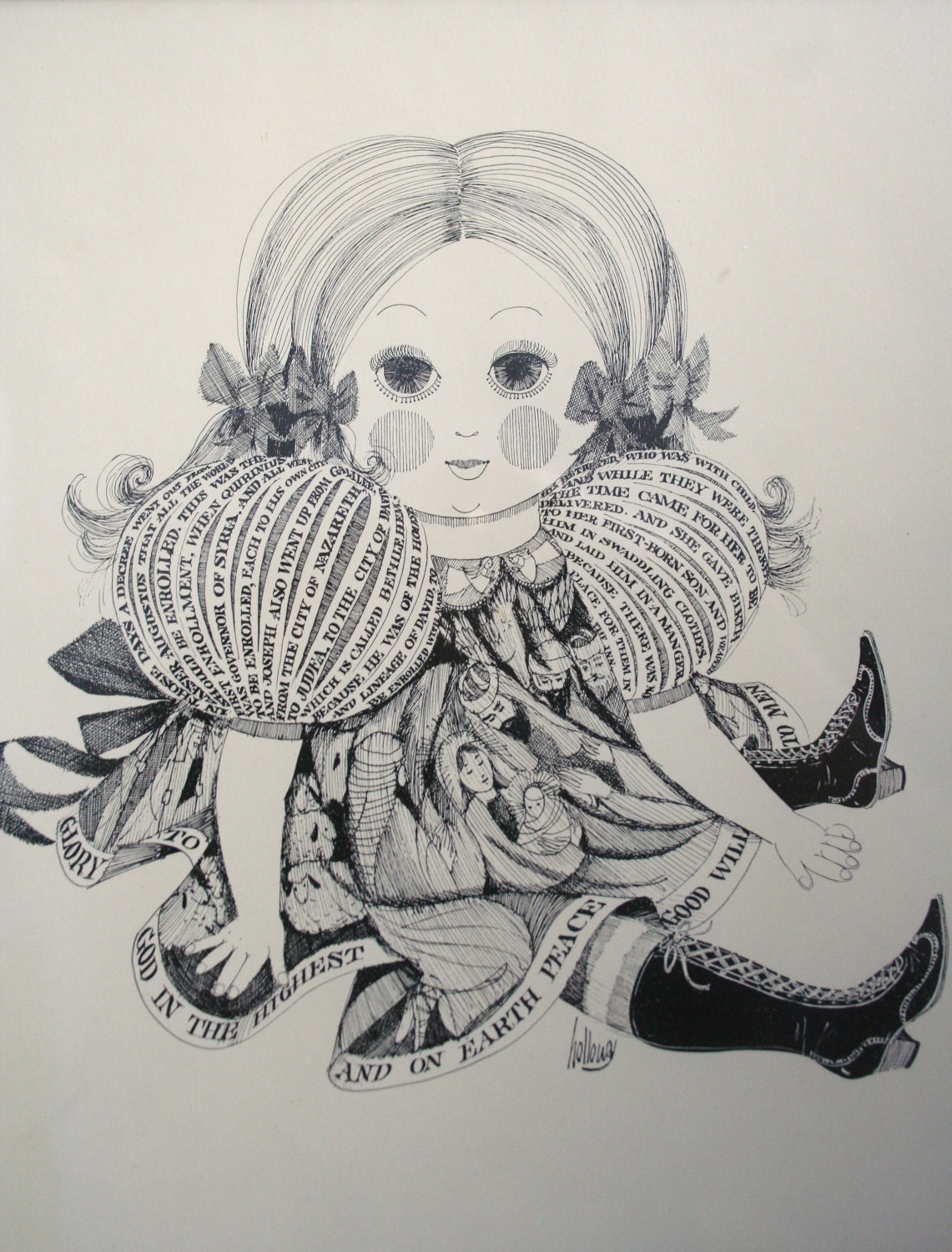 Mid Century Stylized Christmas Doll Ink on Paper Drawing