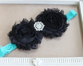 Baby Headband-Newborn Headband-Toddler-Infant-Photo Prop- Black Shabby Flowers on a turquoise lace band