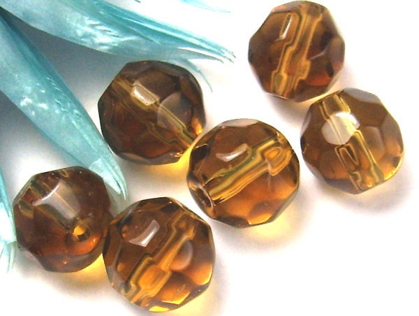 10mm Glass Beads Faceted Dimpled Round Clear Amber 6 Pack