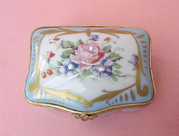Beautiful Hand Painted French Robin's Egg Blue Porcelain Trinket Box with Pink Rose