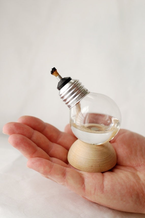 Mini Recycled Light Bulb Oil Lamp on Natural Wood Half Dome Base (12-001)