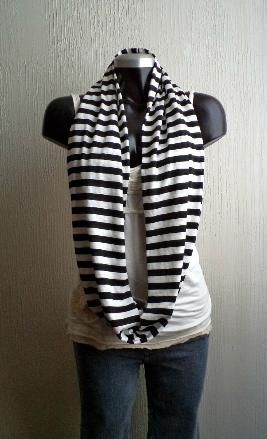 Striped Infinity scarf, in black and white jersey knit, light and cozy..